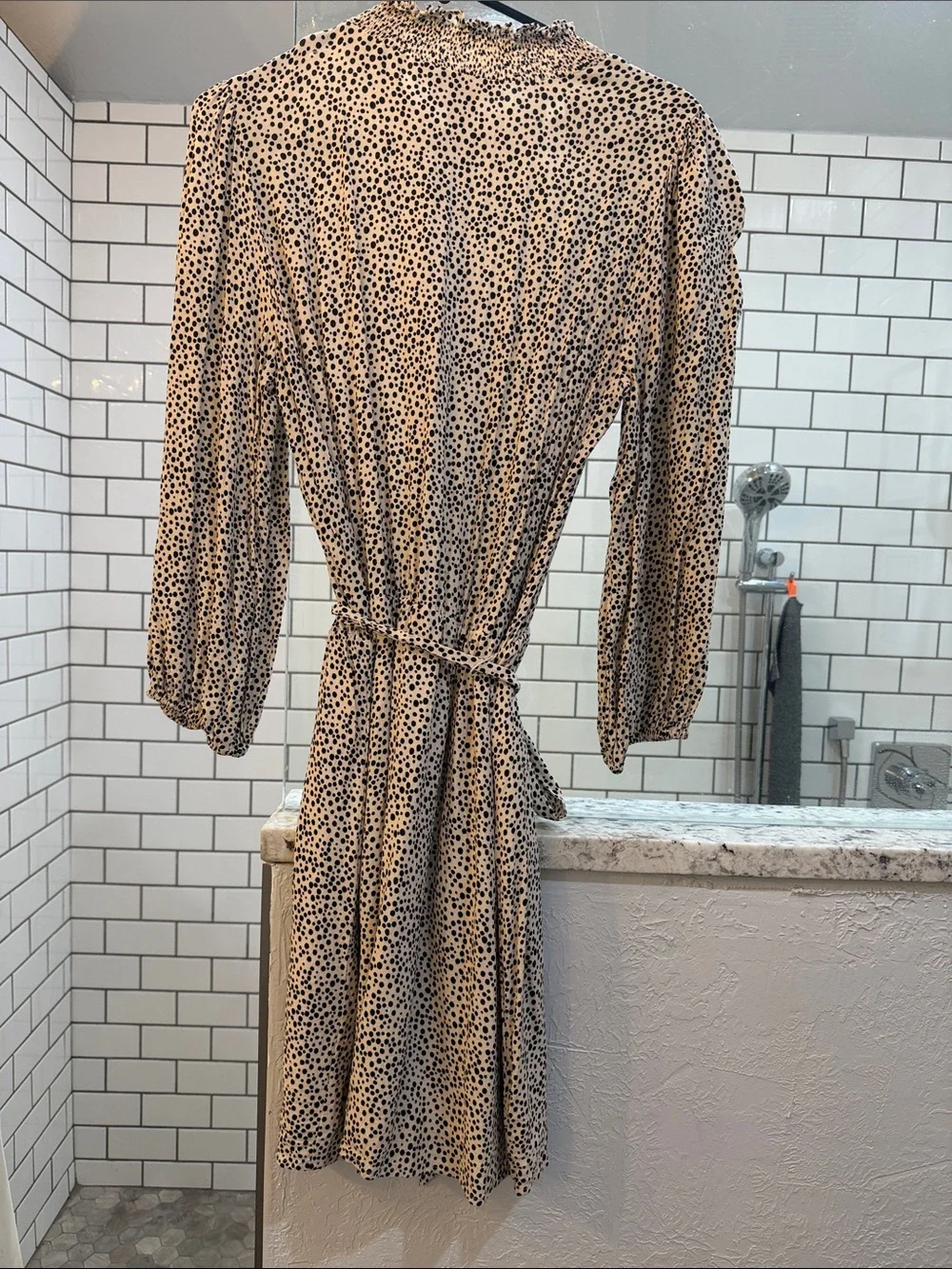 Sanctuary Beige Dress with Black Polka Dots Long Sleeve Midi